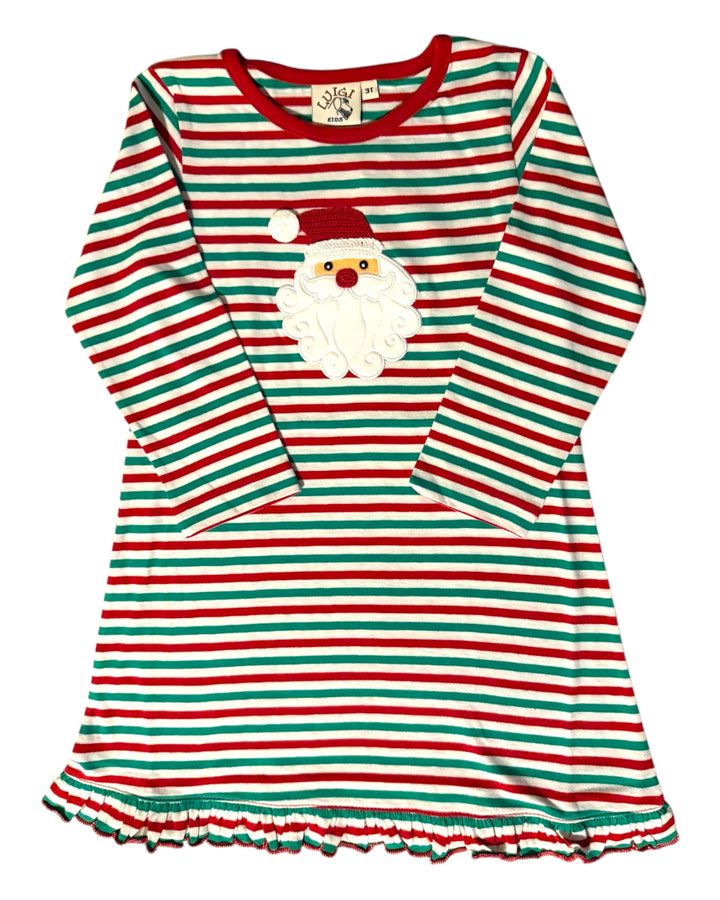 Santa Applique Red and Green Stripe Dress