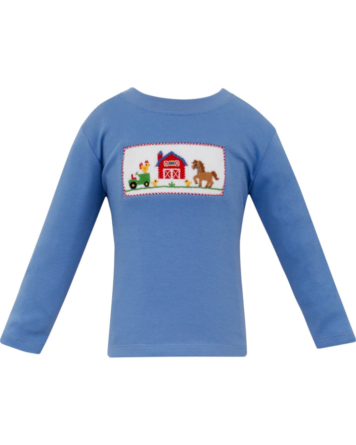 Blue long-sleeve shirt with farm-themed design on a white background