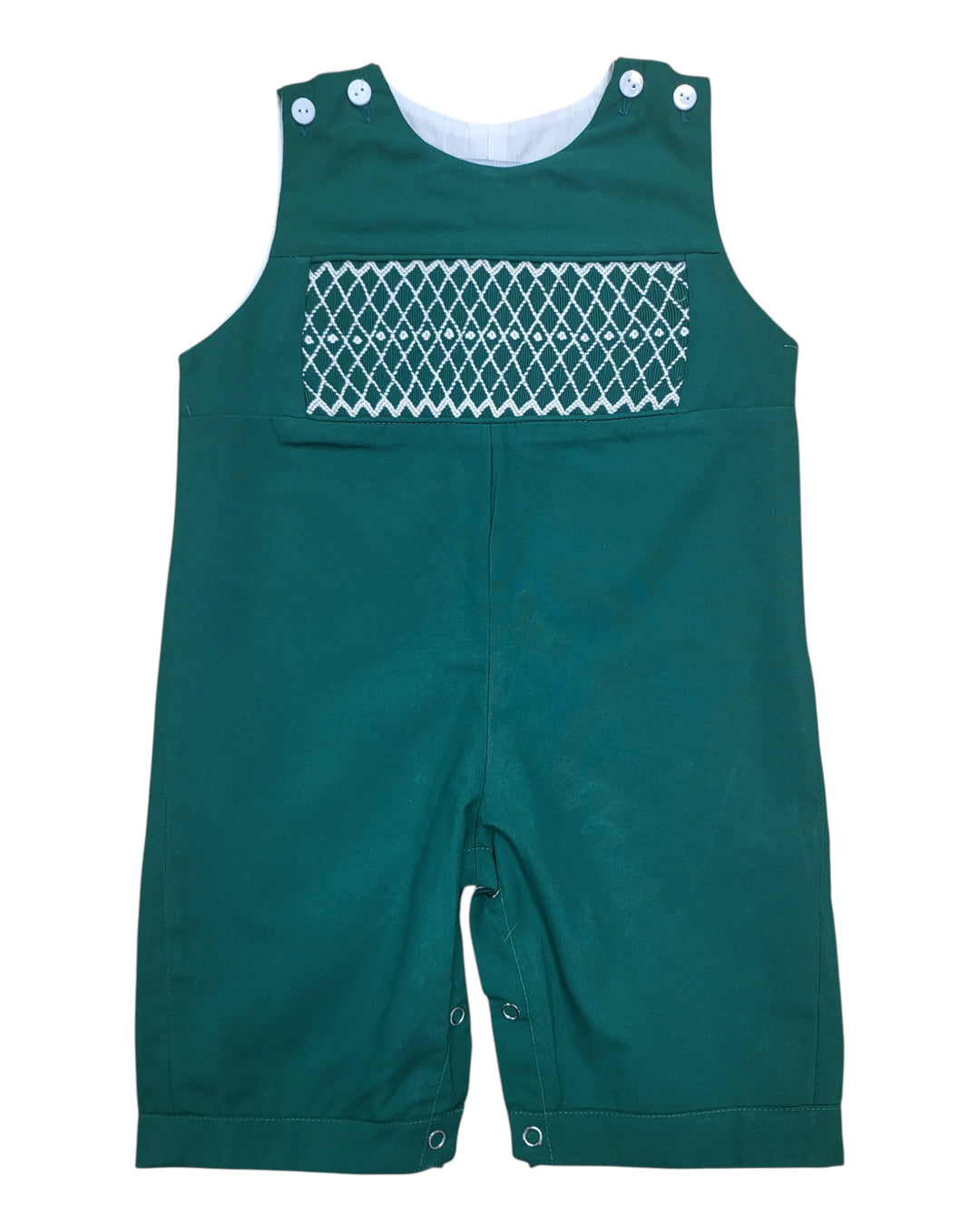 Green romper with white lattice pattern on a white background