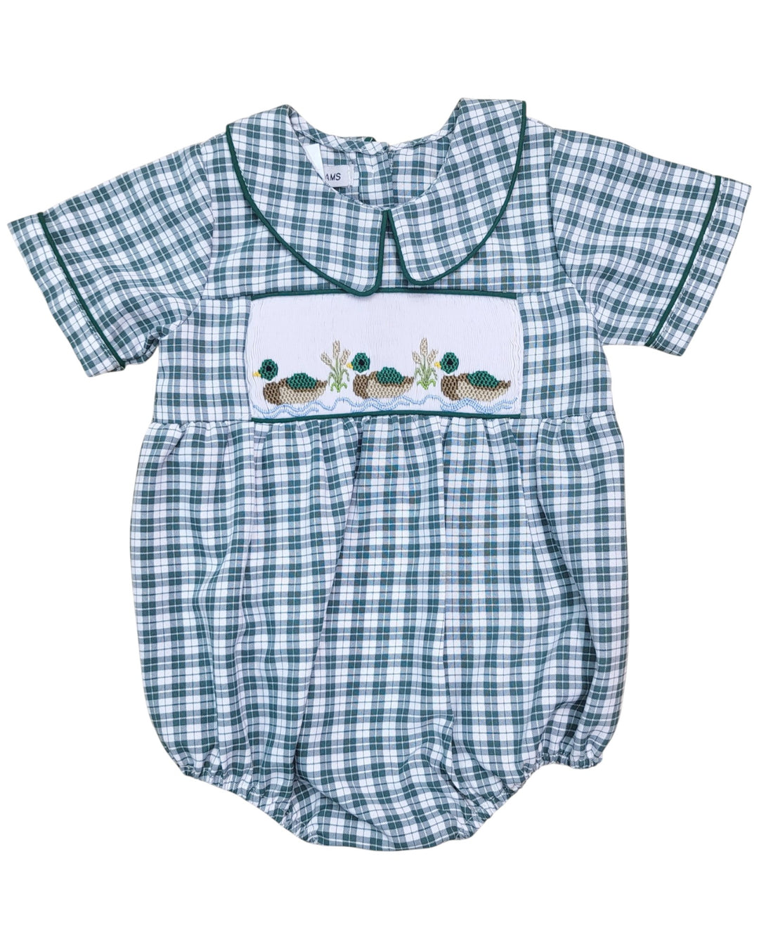 Green and white checkered baby romper with embroidered design on a white background