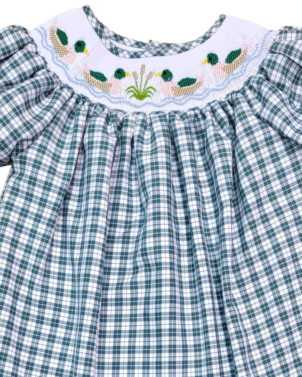 Green and white checkered dress with embroidered collar