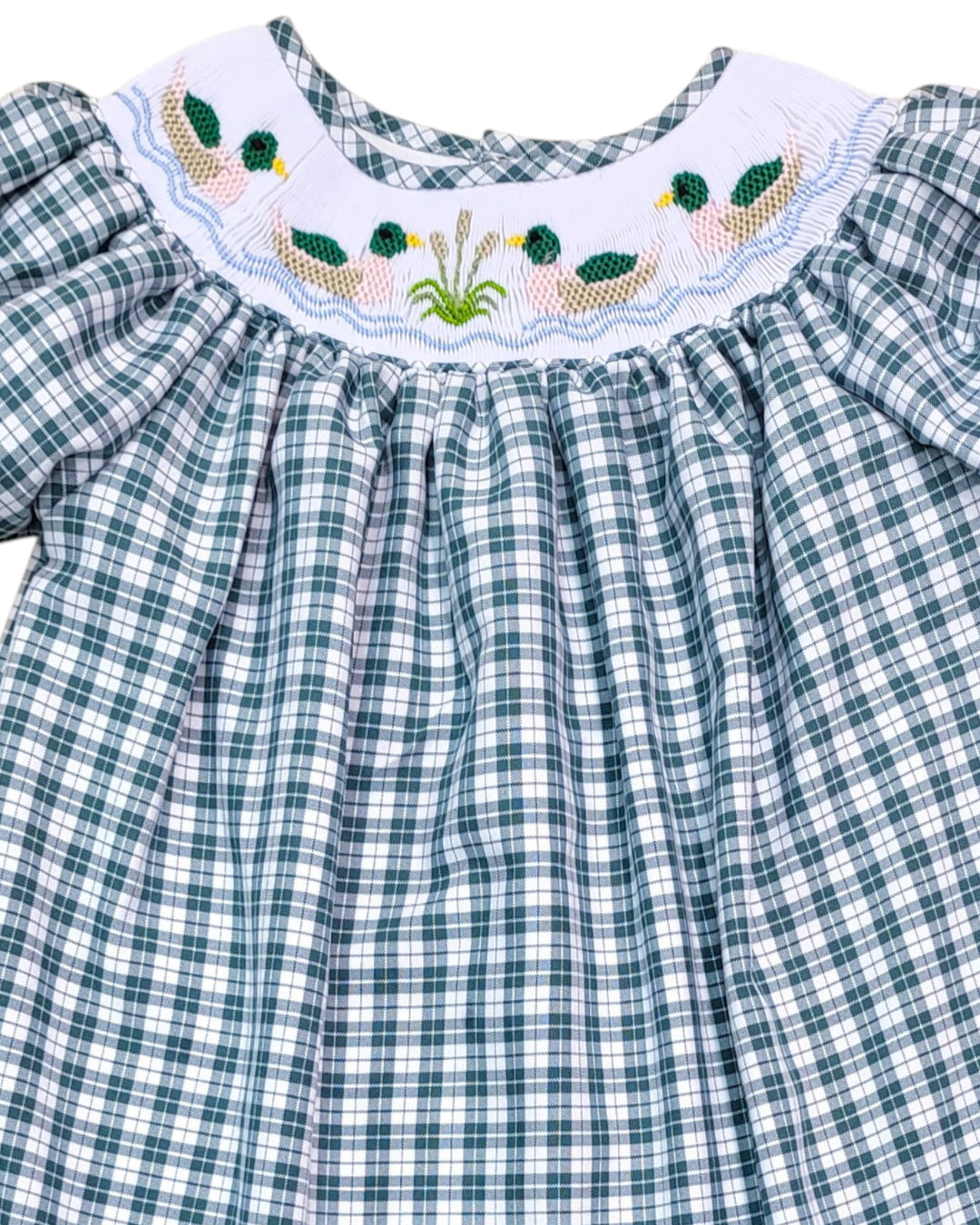 Green and white checkered dress with embroidered collar