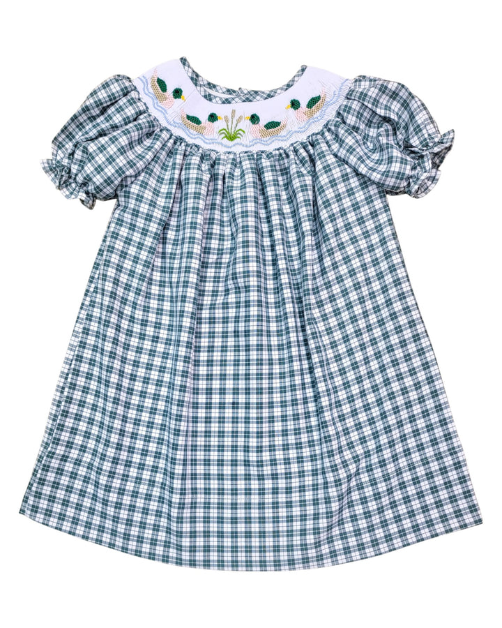 Green checkered dress with embroidered neckline on a white background