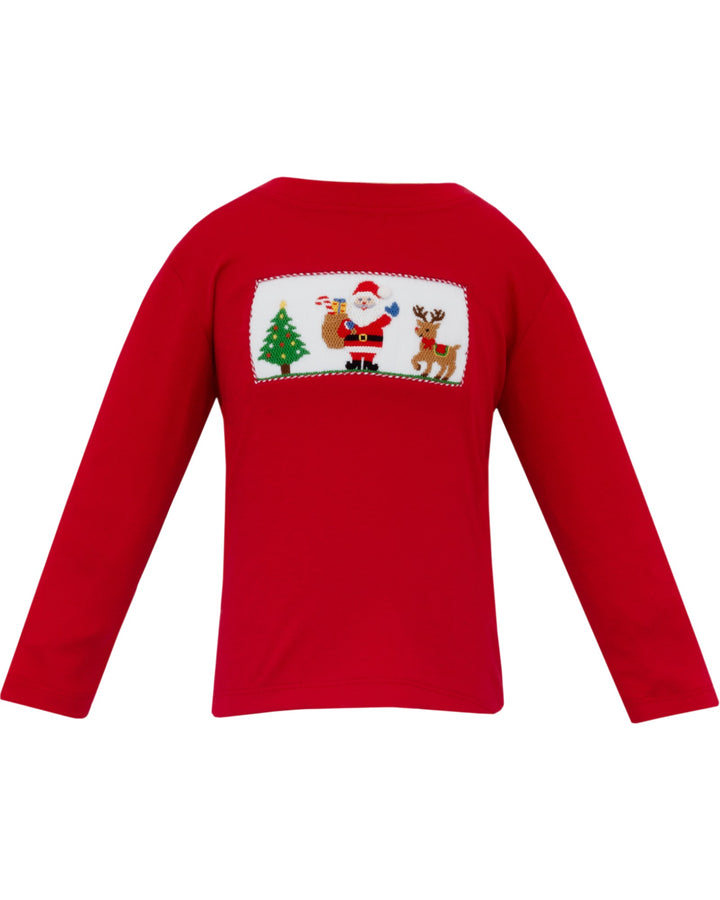 Red sweater with a Christmas-themed patch featuring Santa Claus, a reindeer, and a tree on a white background.