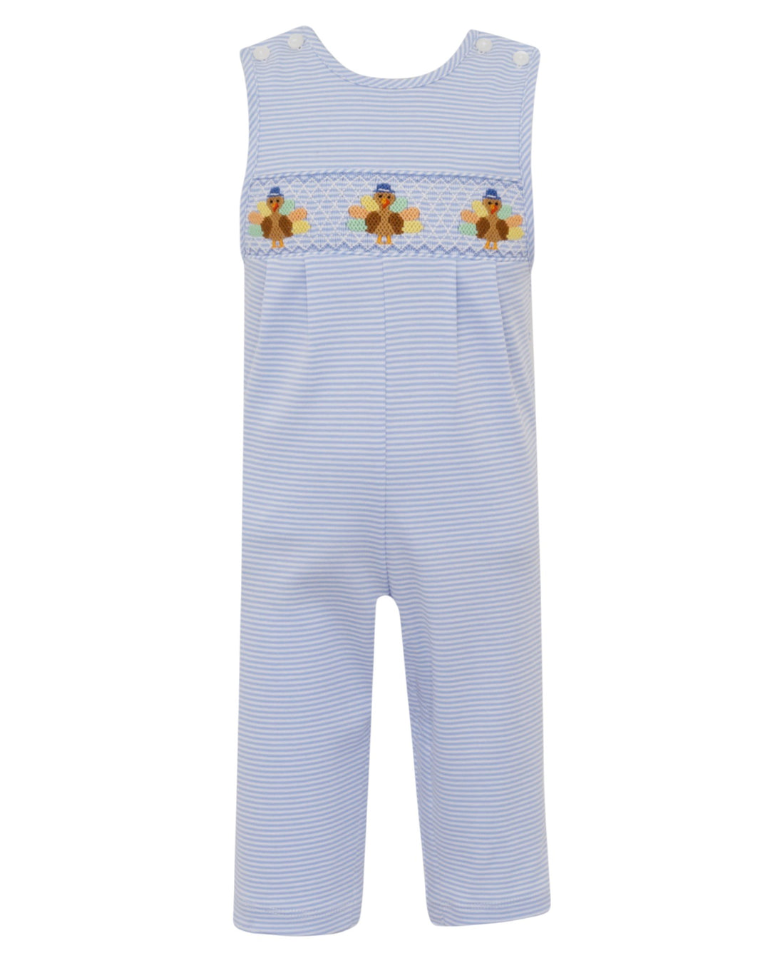 Light blue striped dungarees with embroidered details on a white background