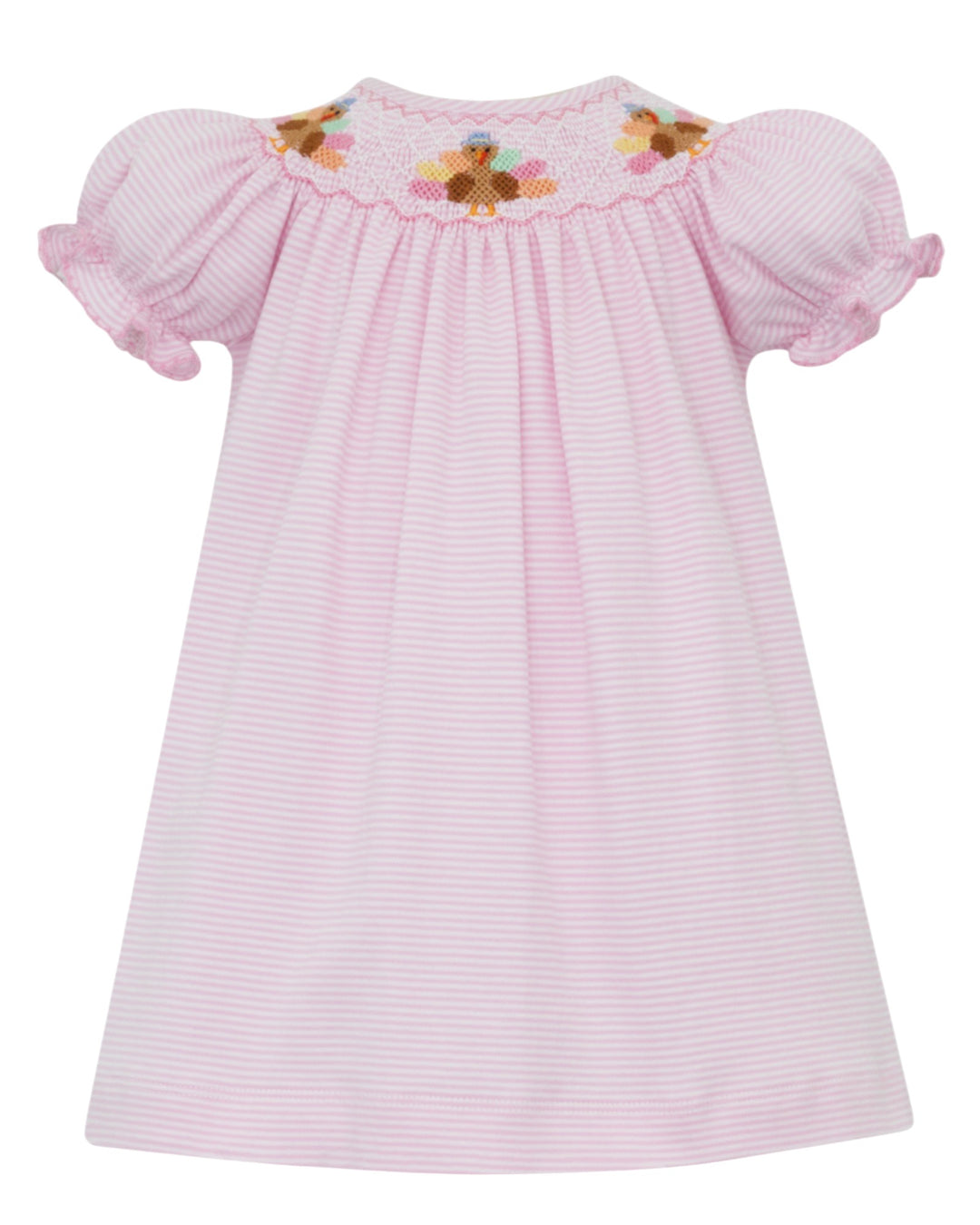 Pink striped dress with floral smocking on a white background