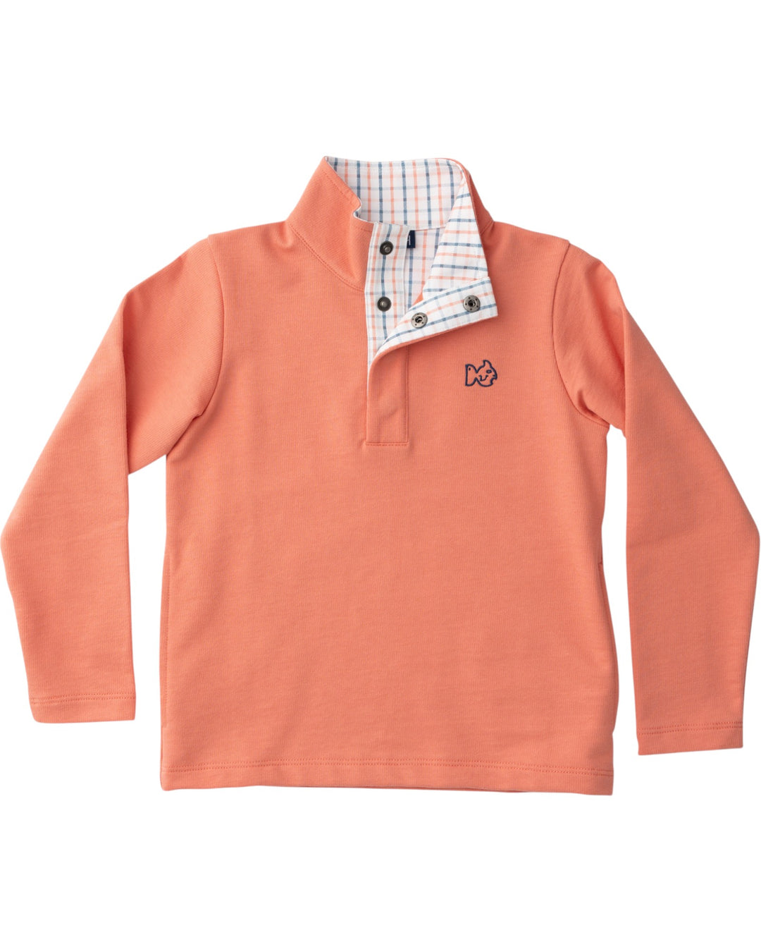 Coral pullover with plaid collar on a white background