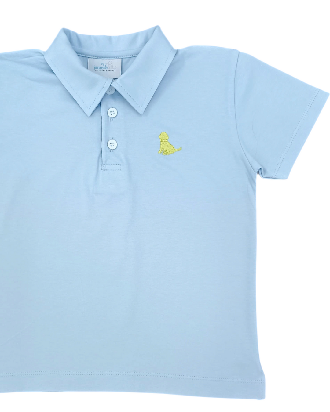 Squeeze the Day Embroidered Light Blue Puppy Polo, That Sore, close up