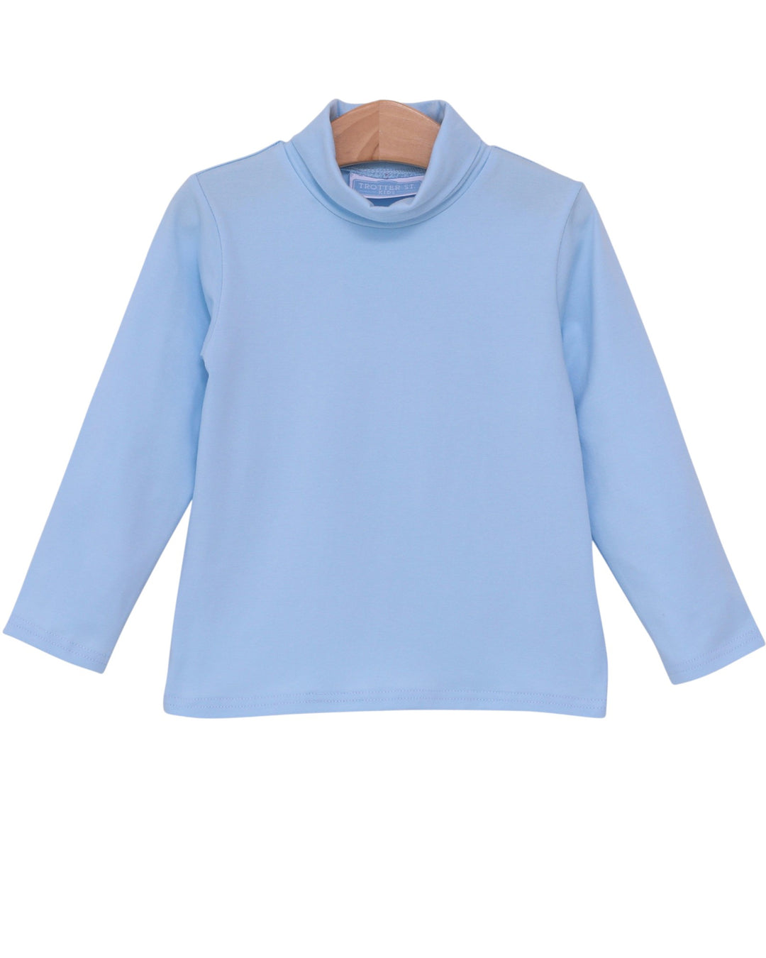 Light blue turtleneck shirt on a wooden hanger against a white background