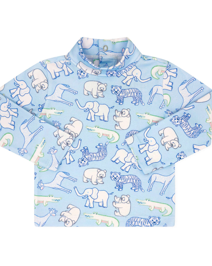 Children's shirt with animal pattern on a light blue background