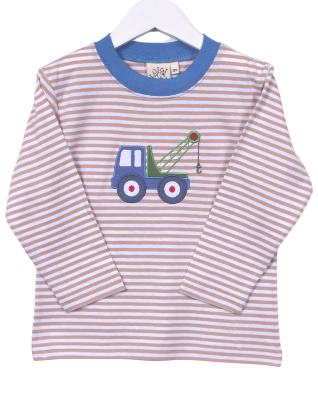 Striped shirt with a toy truck design on a white background