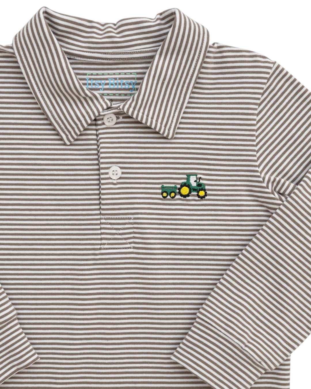 Striped long-sleeve shirt with a small logo on a white background