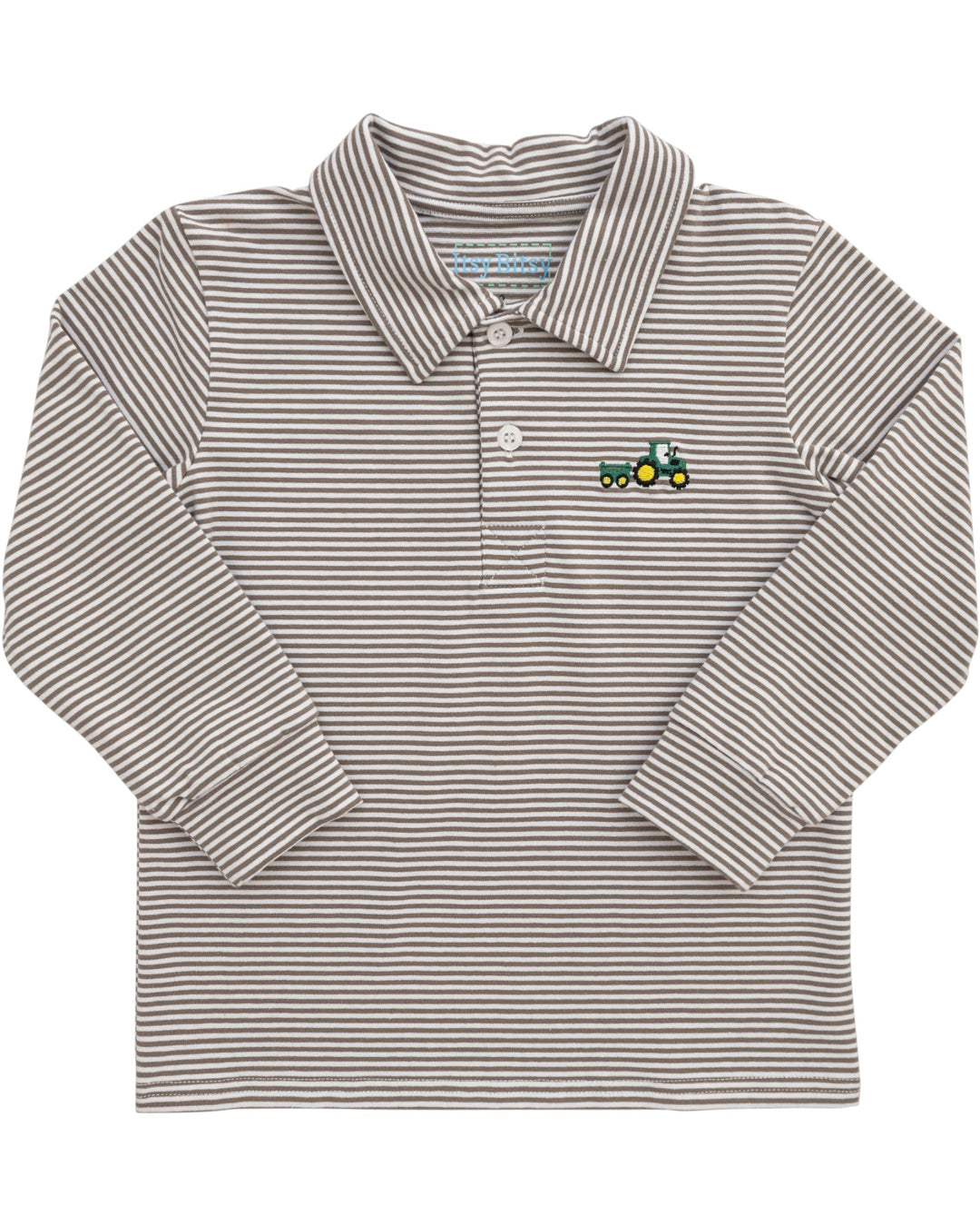 Tractor Embroidered Brown Stripe Boys Polo
