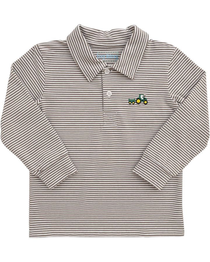 Tractor Embroidered Brown Stripe Boys Polo