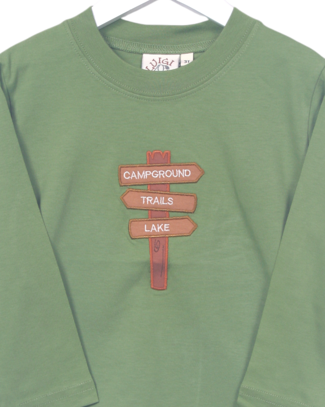 Trail Signs Applique LS Boys Peapod Green Tee, close up
