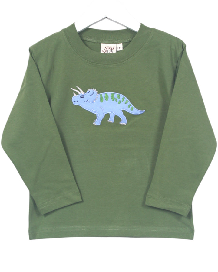 Green long-sleeve shirt with a blue dinosaur design on a white background