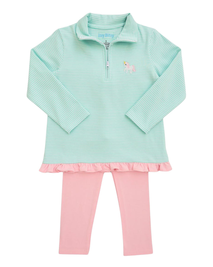 Unicorn 1/4 Zip MInt Stripe Girls Pullover Set *Pre-Order