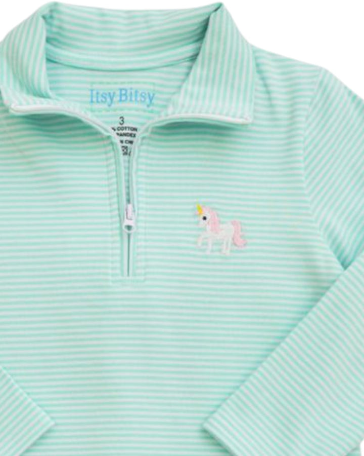 Unicorn 1/4 Zip MInt Stripe Girls Pullover Set *Pre-Order