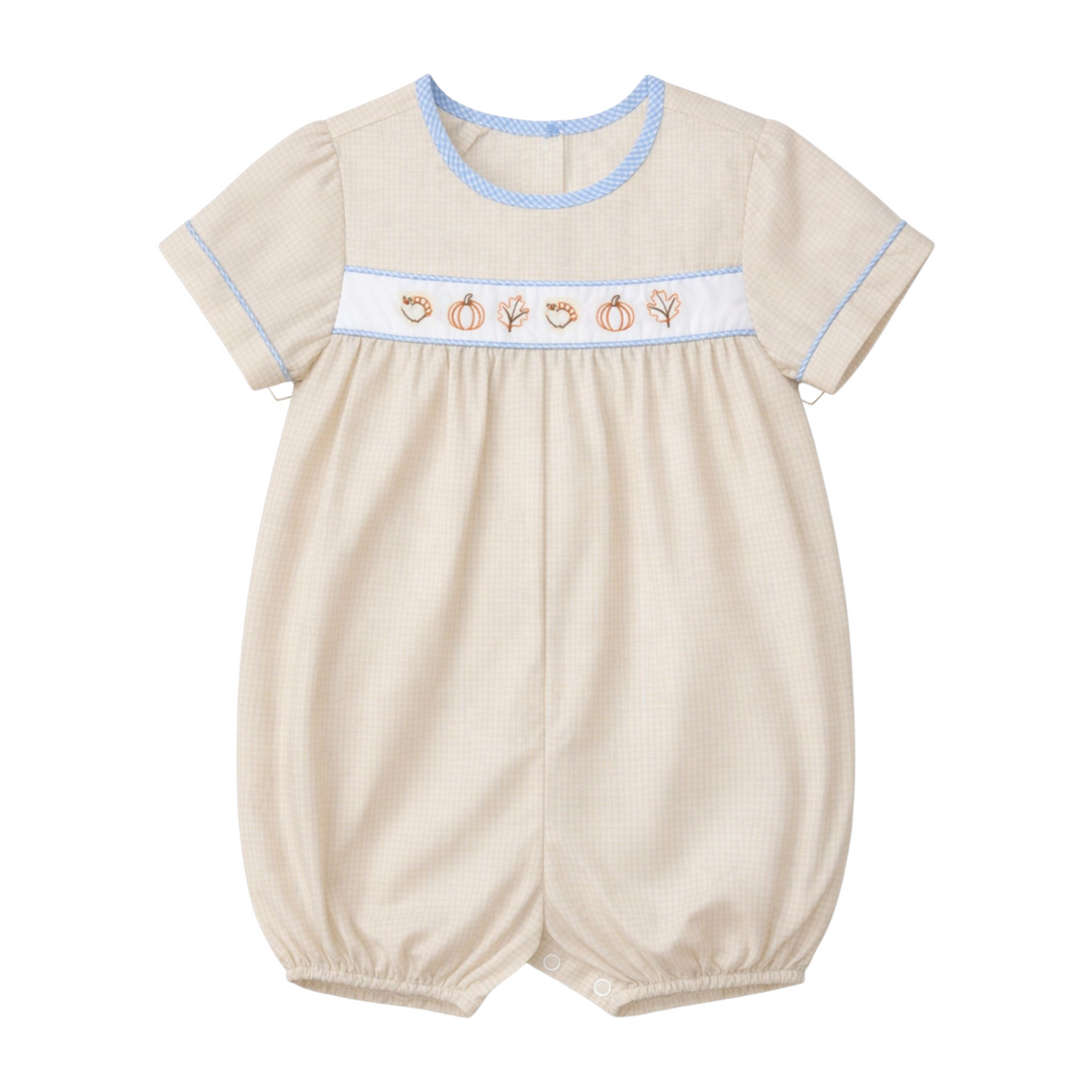 Fall Icons Embroidered Brown Gingham Boys Hayes Bubble *Pre-Order
