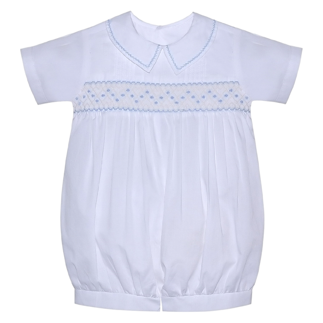 Smocked Finley White with Blue Romper, front