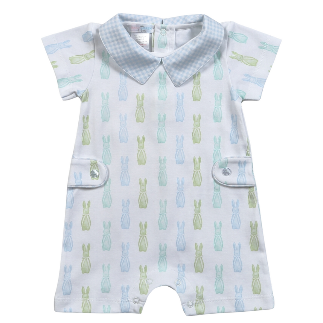 Easter Bunnies Blue & Green Romper, front
