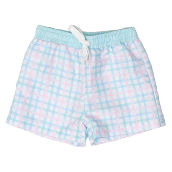 Boys Pastel Plaid Swim Trucks UPF50, front