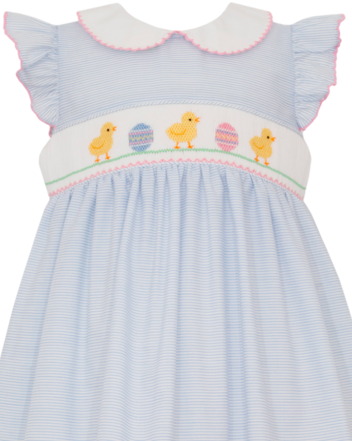 Smocked Easter Chicks Blue Stripe Dress