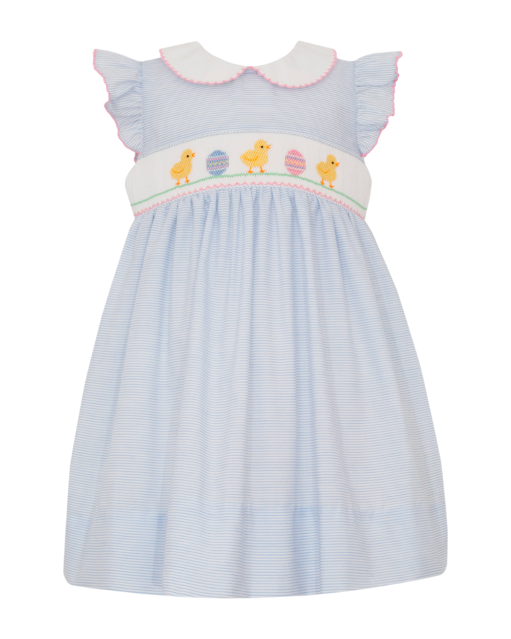 Smocked Easter Chicks Blue Stripe Dress