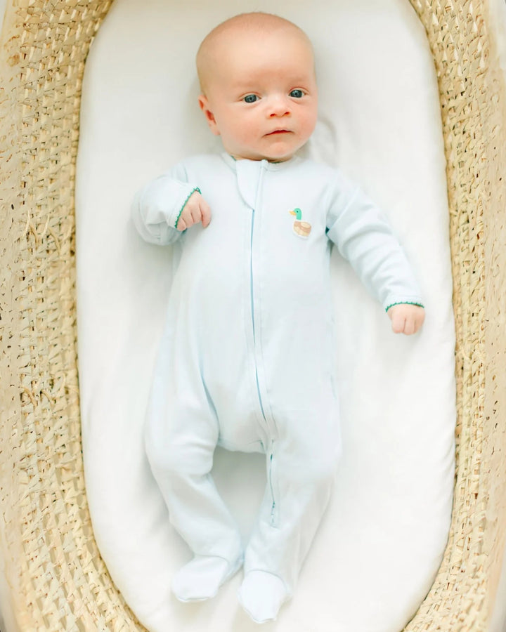 Mini Mallard Embroidered Zip Footie - Light Blue