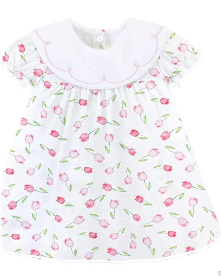 Tulips Pink Dress Embroidered Collar with Bloomers