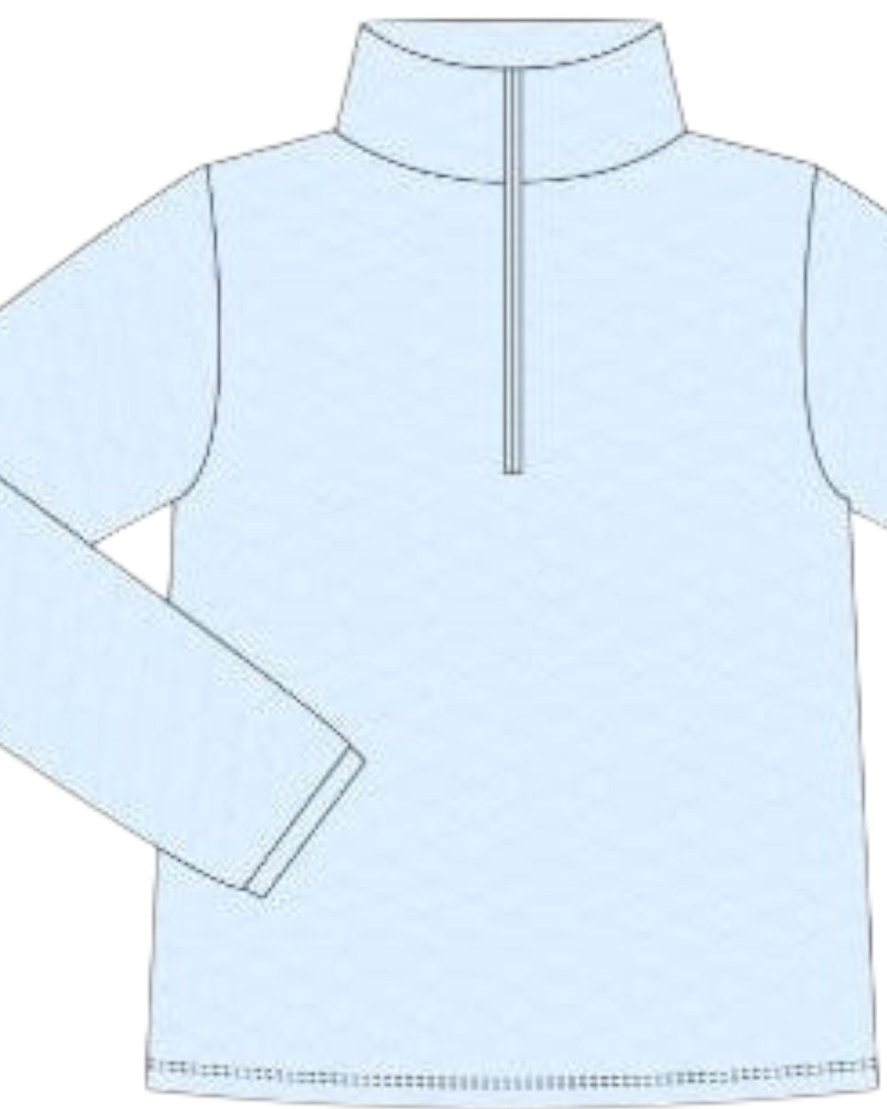 A light blue long-sleeve quarter-zip pullover with a mock neck collar, shown as a simple line drawing on a white background, that store