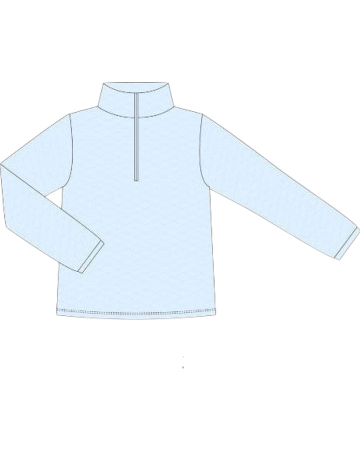 A light blue long-sleeve quarter-zip pullover sweater with a mock neck collar, shown as a simple line drawing on a white background, that store