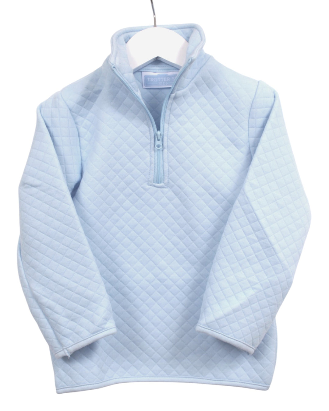 A light blue quilted quarter-zip pullover sweater hanging on a white hanger against a plain white background, that store