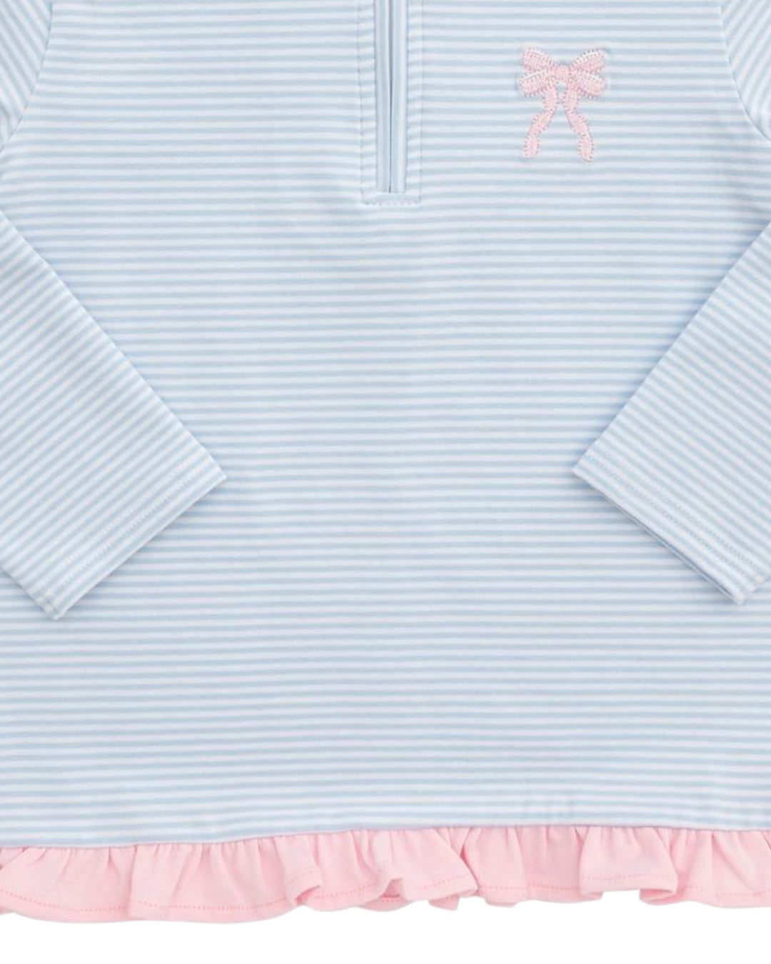 Light blue and pink striped dress with a bow detail on a white background