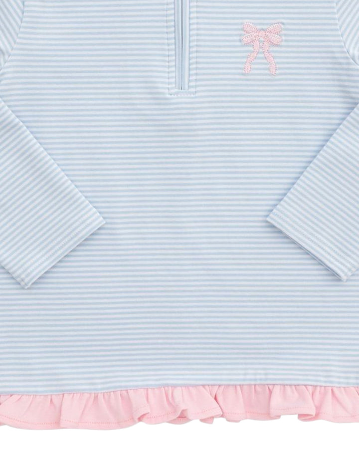 Light blue and pink striped dress with a bow detail on a white background