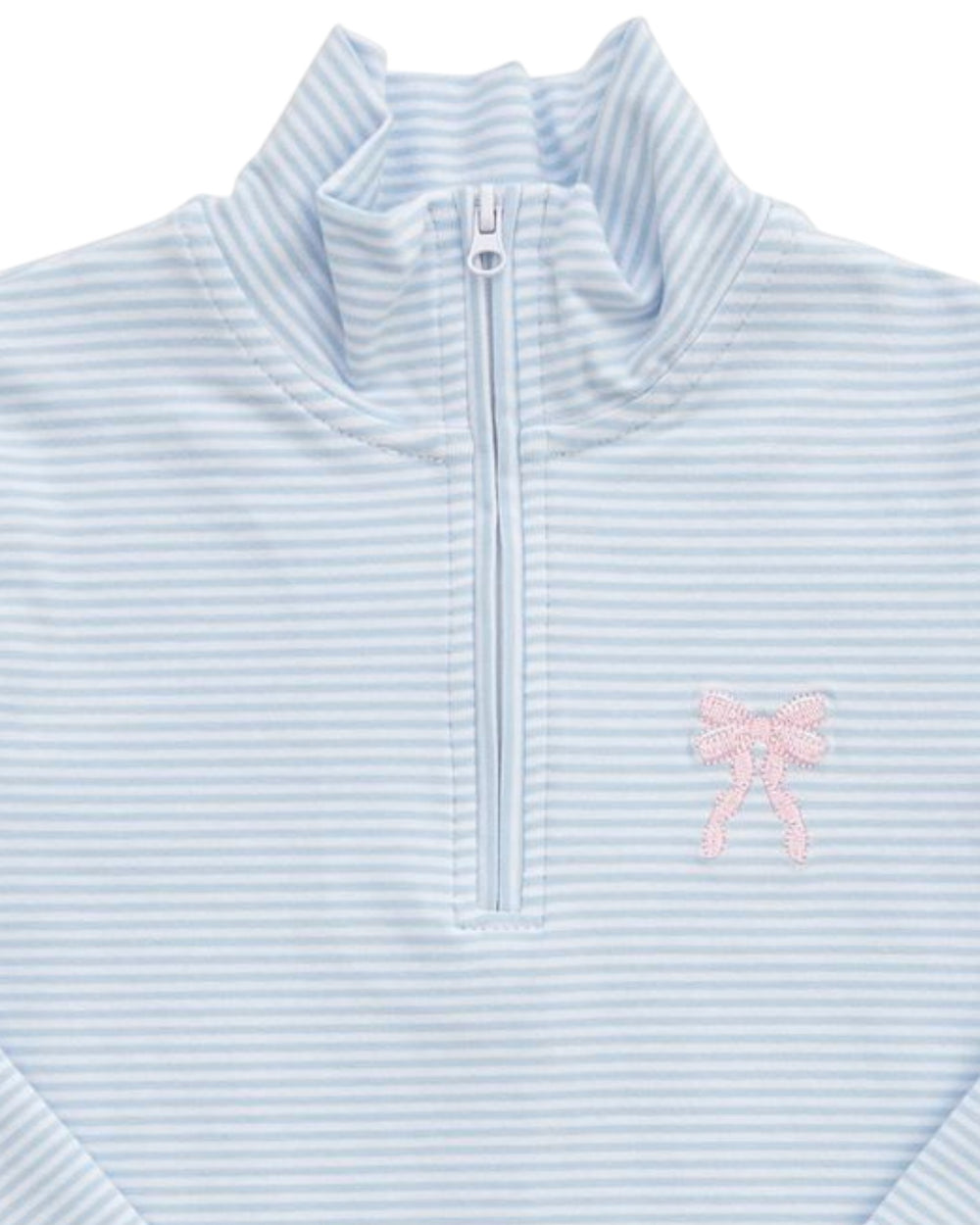 Light blue striped pullover with a pink bow detail on a white background