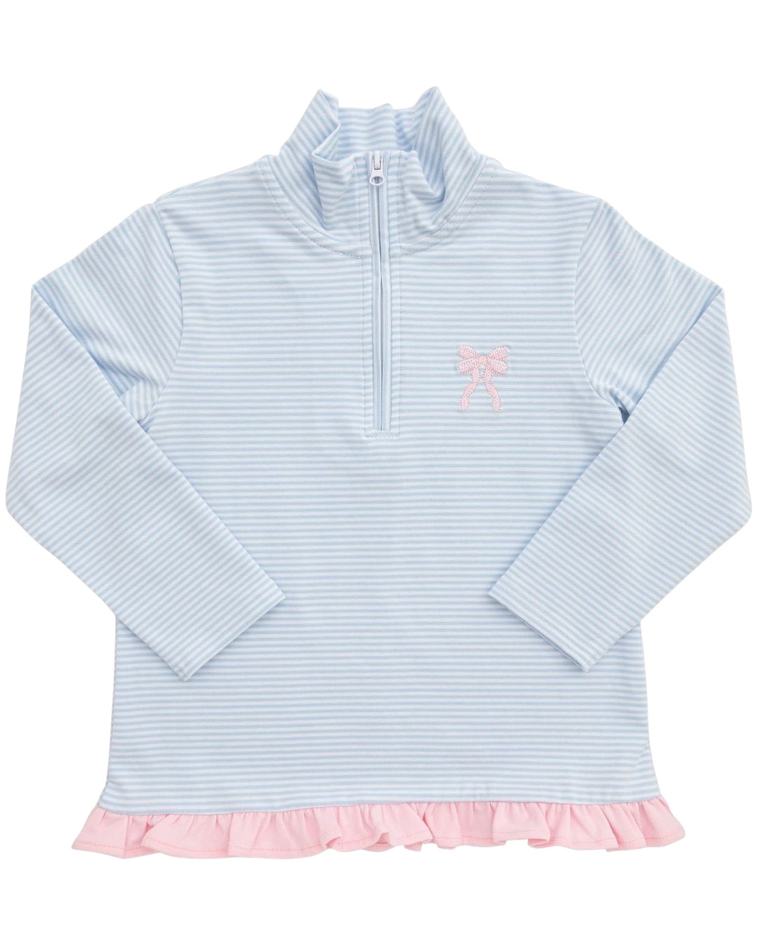 Light blue striped dress with pink ruffle hem on a white background