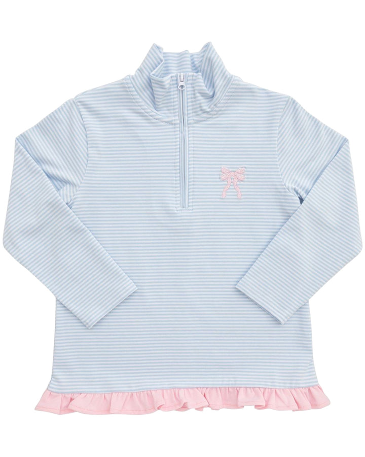 Light blue striped dress with pink ruffle hem on a white background