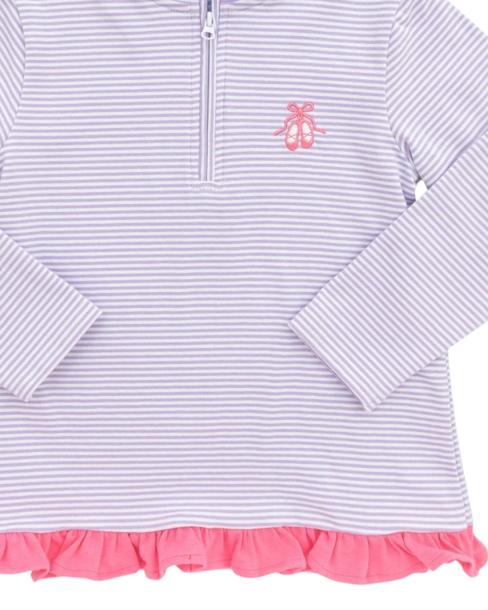 Striped dress with pink ruffle hem and logo on a white background