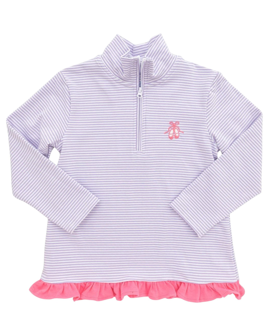 Children's long-sleeve shirt with pink ruffle hem and logo on a white background