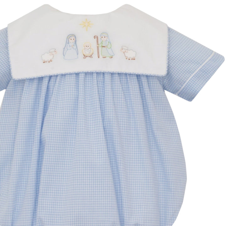Nativity Shadow Embroidery Blue Gingham Boys Bubble