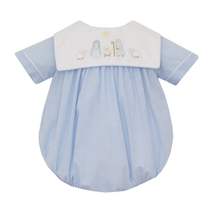 Nativity Shadow Embroidery Blue Gingham Boys Bubble