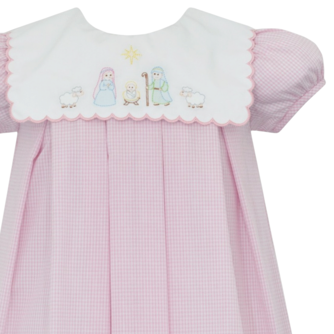Nativity Shadow Embroidery Pink Gingham Dress