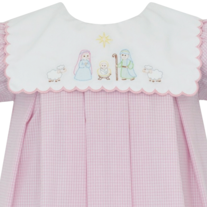Nativity Shadow Embroidery Pink Gingham Dress