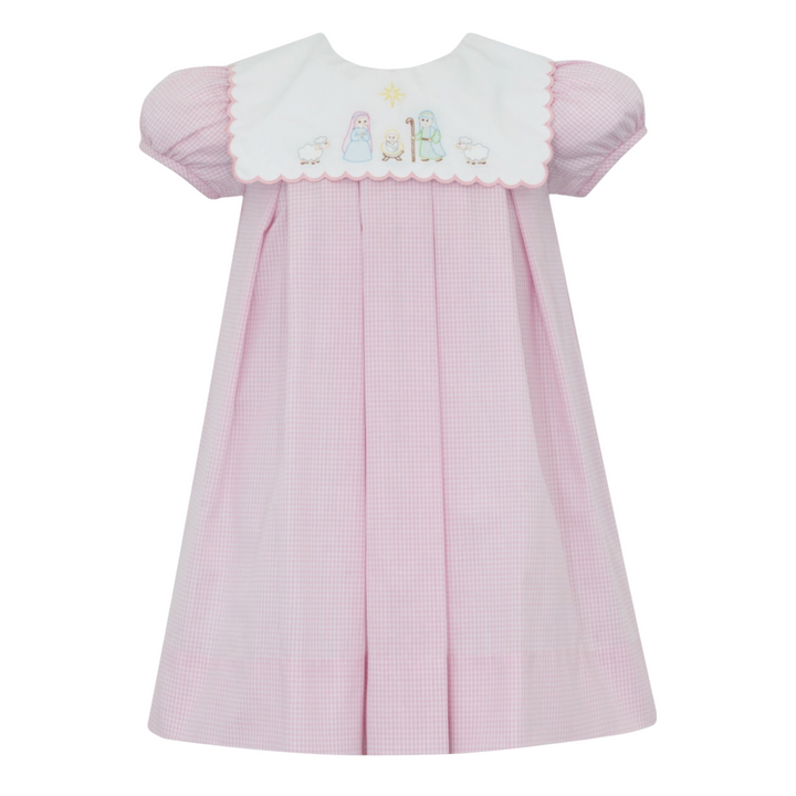 Nativity Shadow Embroidery Pink Gingham Dress