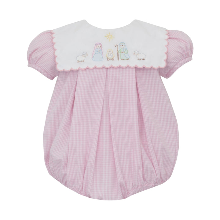 Nativity Shadow Embroidery Pink Gingham Girls Bubble
