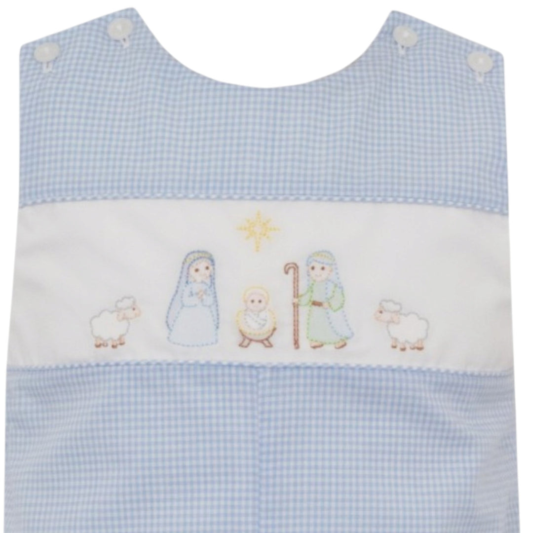 Nativity Shadow Embroidery Blue Gingham Boys Jon Jon