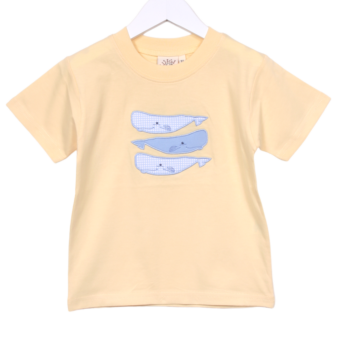 Blue Gingham Stacked Whales Shirt- Yellow, front