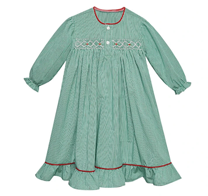 Smocked Claire Green Gingham Gown