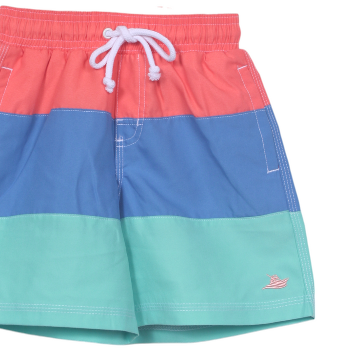 Regatta Blue Color Block Swim Trunks, close up